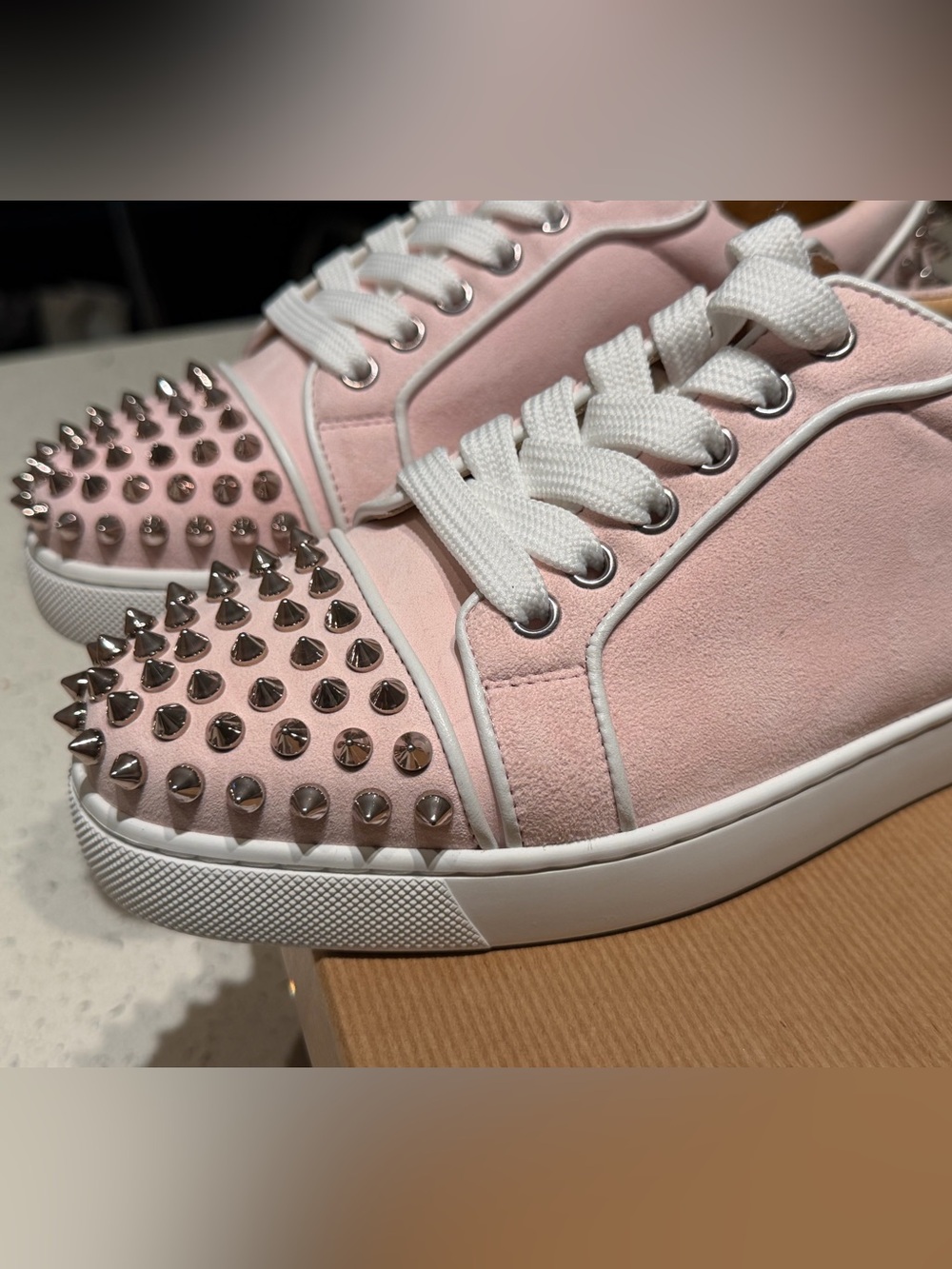 Christian Louboutin pink Suede Studded Lace-Up Sneakers - Picture 5 of 10